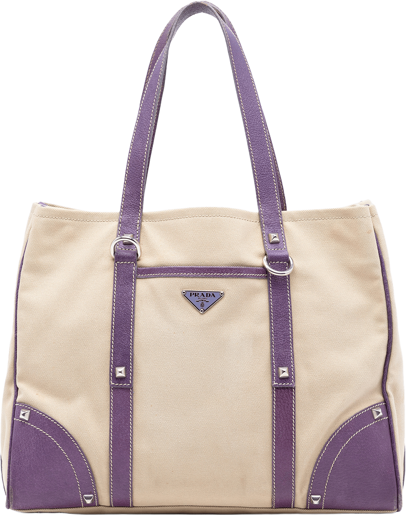 Prada Studded Leather Trimmed Canvas Front Pocket Tote, från Luxclusif, i färgen light beige.