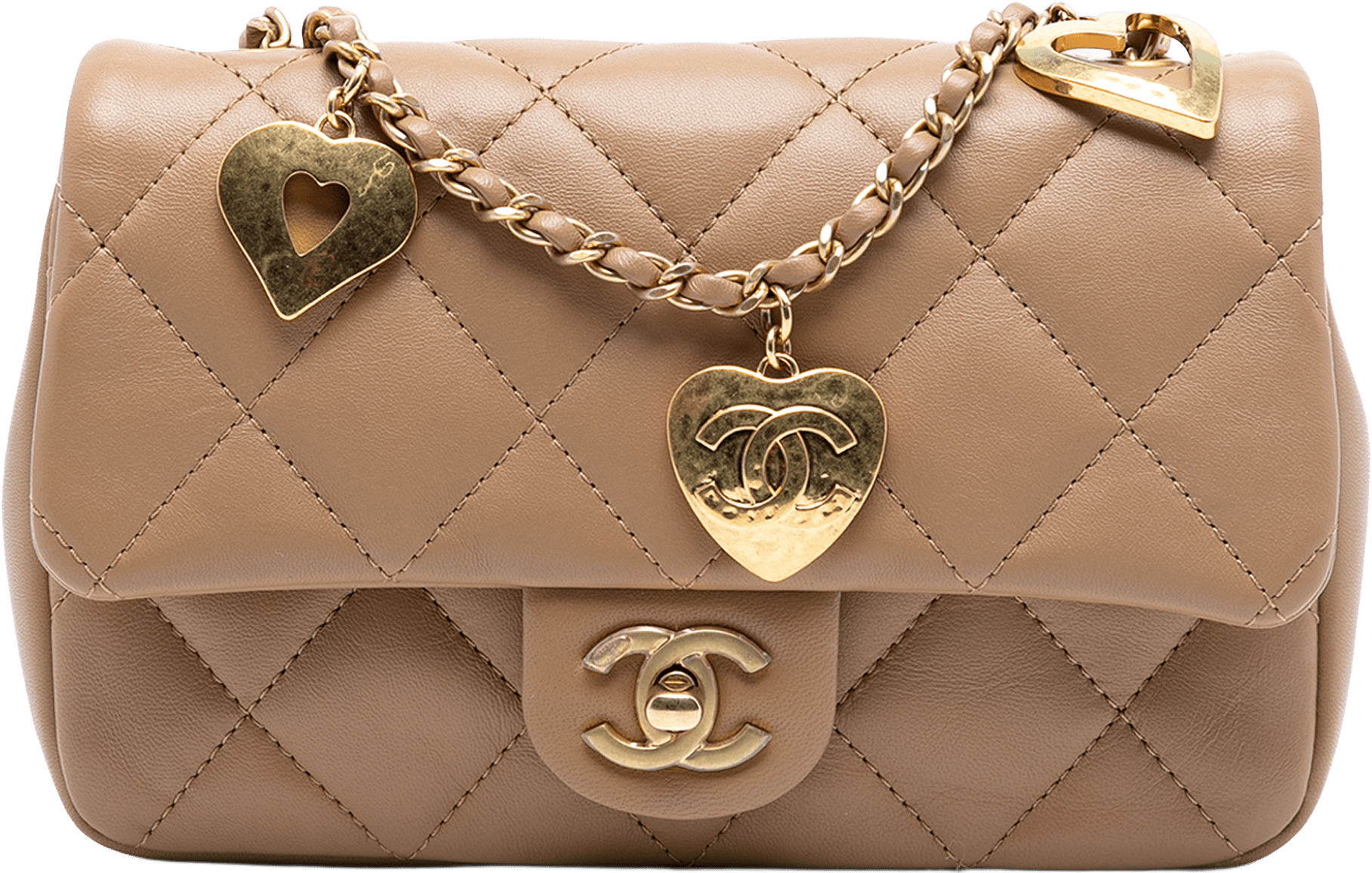 Chanel Mini Rectangular Quilted Lambskin Heart Charms Flap, från Luxclusif, i färgen nude.
