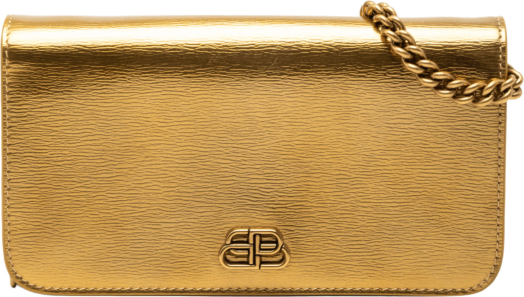 Balenciaga Metallic Leather Bb Phone Holder With Chain, från Luxclusif, i färgen gold.