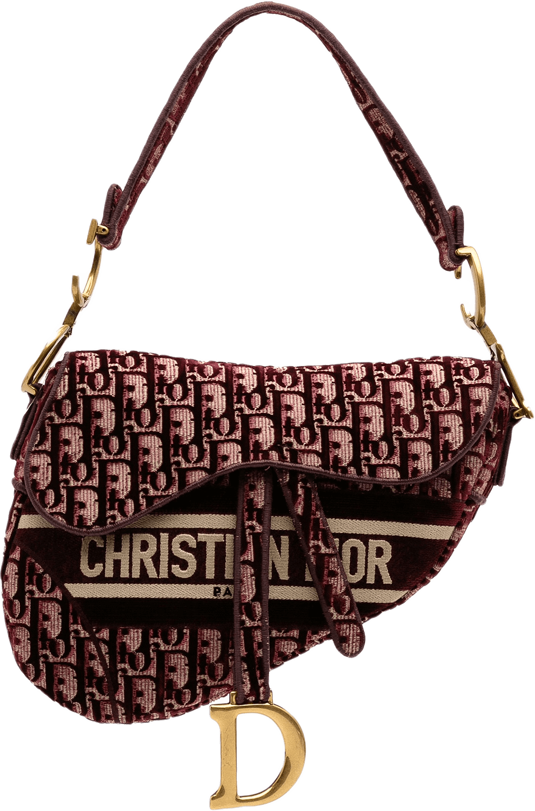 Dior Oblique Velvet Embroidered Saddle Bag, från Luxclusif, i färgen burgundy.