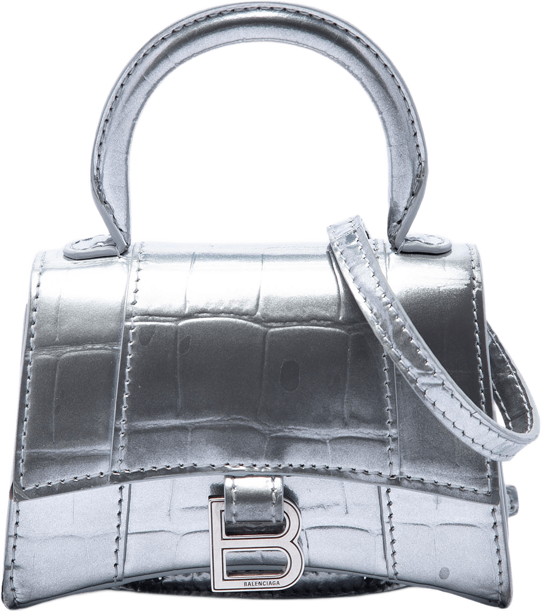 Balenciaga Mini Metallic Croc Embossed Calfskin Hourglass Top Handle Bag, från Luxclusif, i färgen silver.