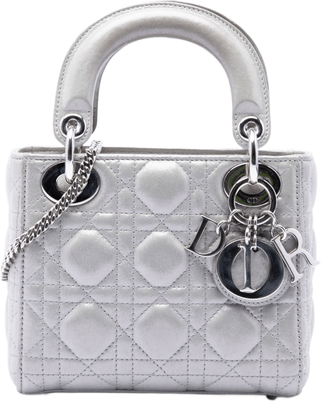 Dior Mini Iridescent Lambskin Cannage Lady Dior, från Luxclusif, i färgen silver.
