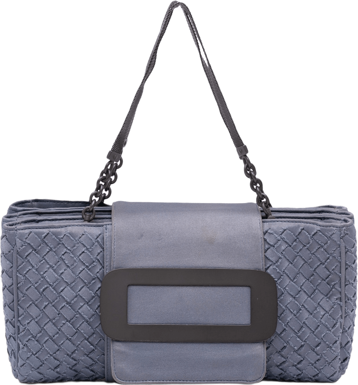 Bottega Veneta Canvas Intrecciato Buckle Flap Handbag, från Luxclusif, i färgen denim.