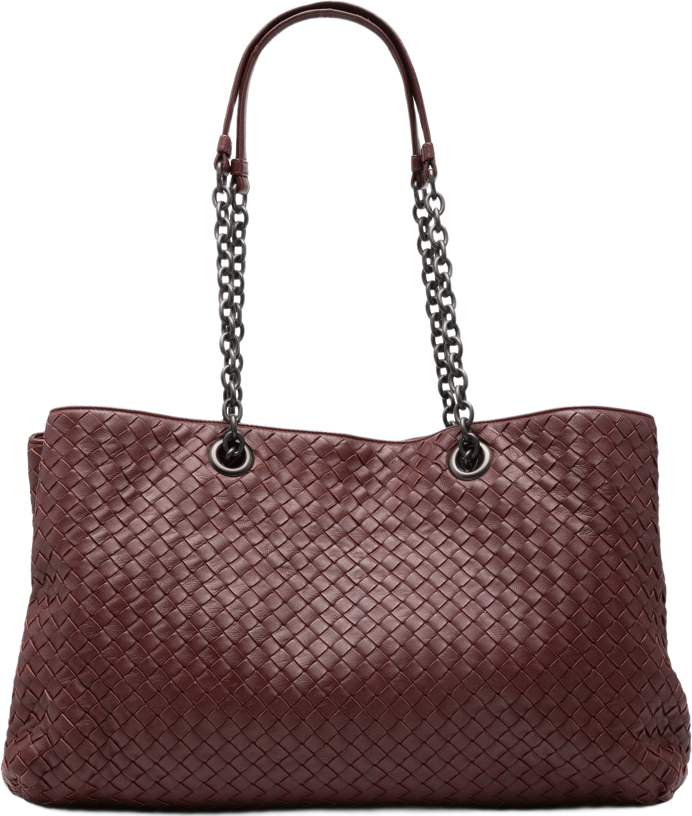 Bottega Veneta Large Nappa Intrecciato Double Chain Tote, från Luxclusif, i färgen bordeaux.
