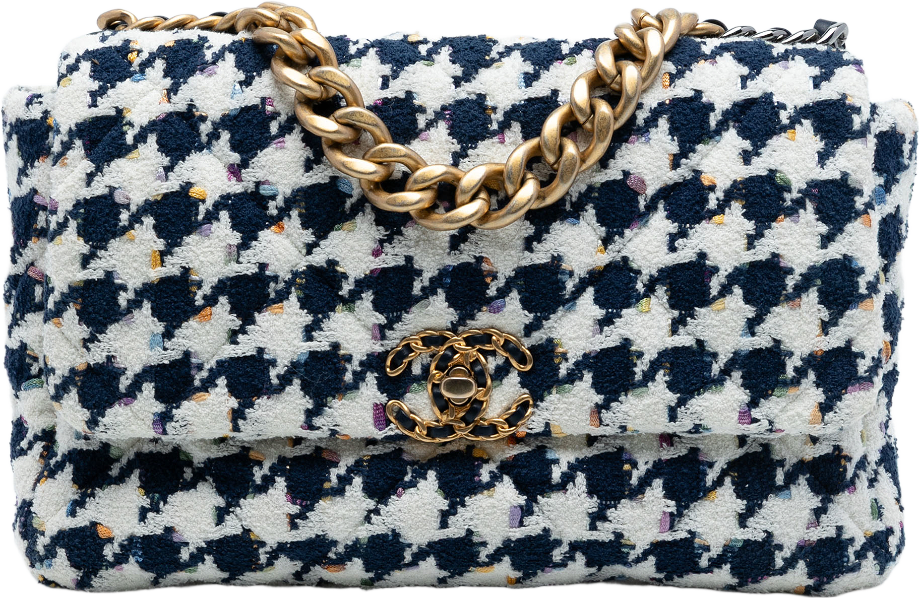 Chanel Large Houndstooth Tweed 19 Flap, från Luxclusif, i färgen navy.