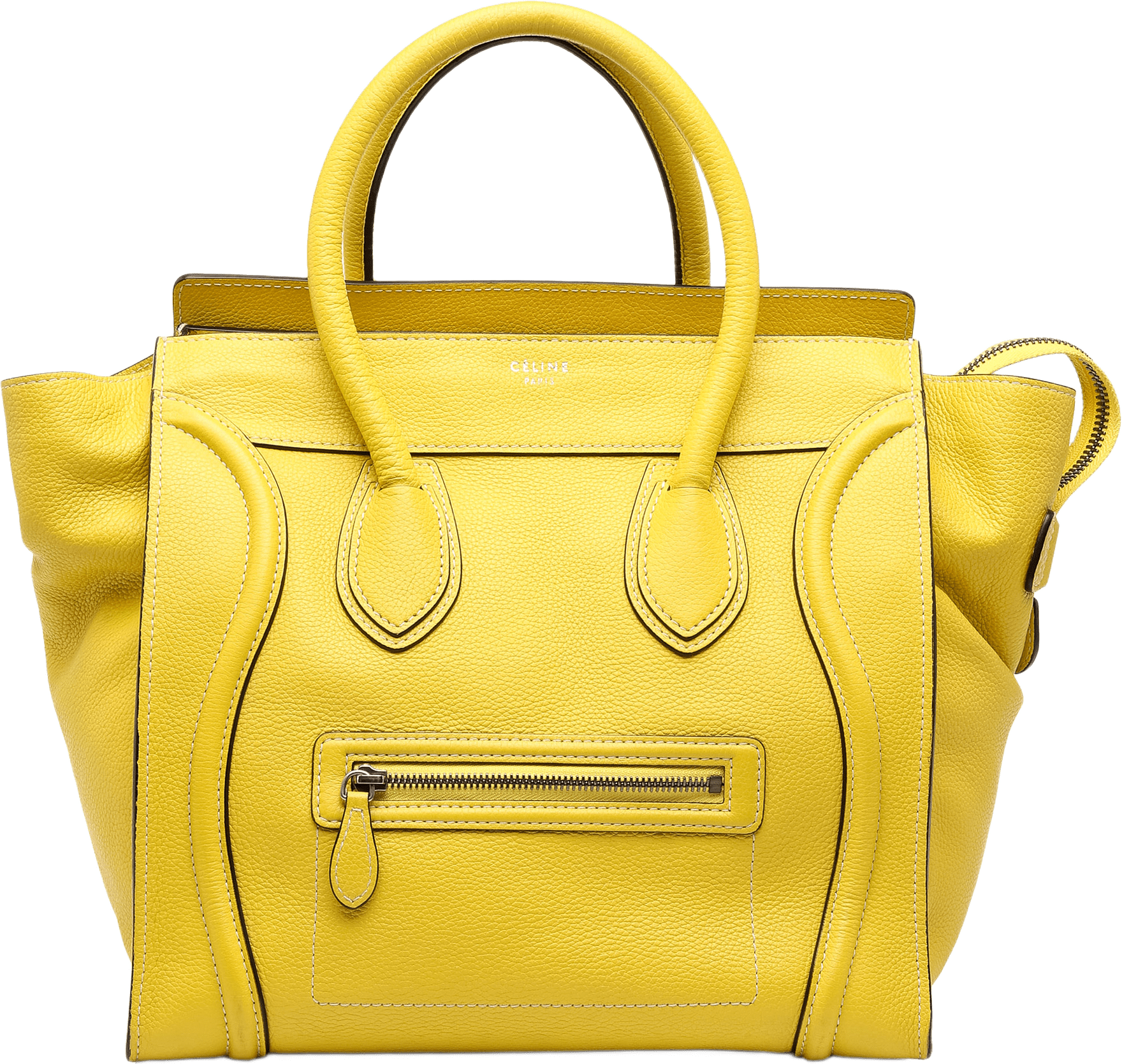 Celine Mini Drummed Calfskin Luggage Tote, från Luxclusif, i färgen gul.
