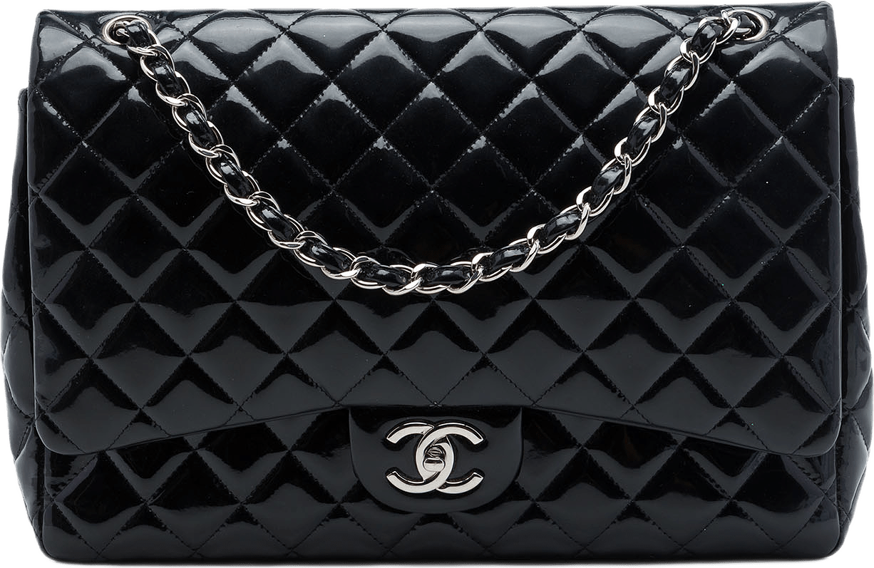 Chanel Maxi Classic Patent Double Flap, från Luxclusif, i färgen svart.
