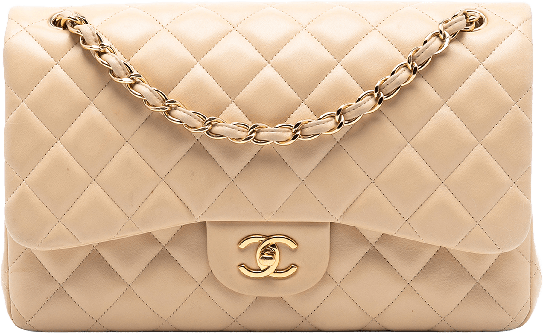 Chanel Jumbo Classic Lambskin Double Flap, från Luxclusif, i färgen beige.