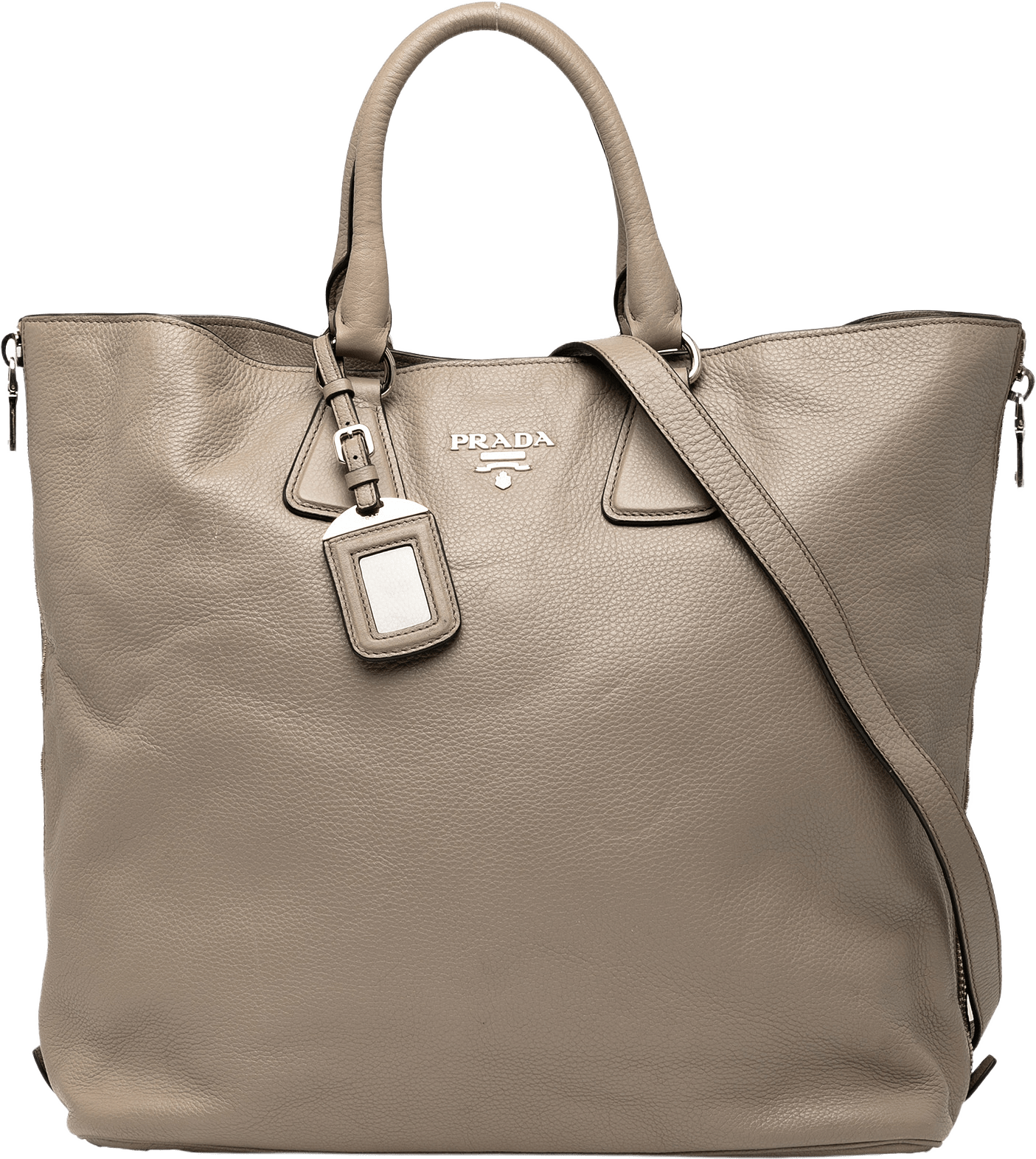 Prada Vitello Daino Side Zip Convertible Tote, från Luxclusif, i färgen taupe.