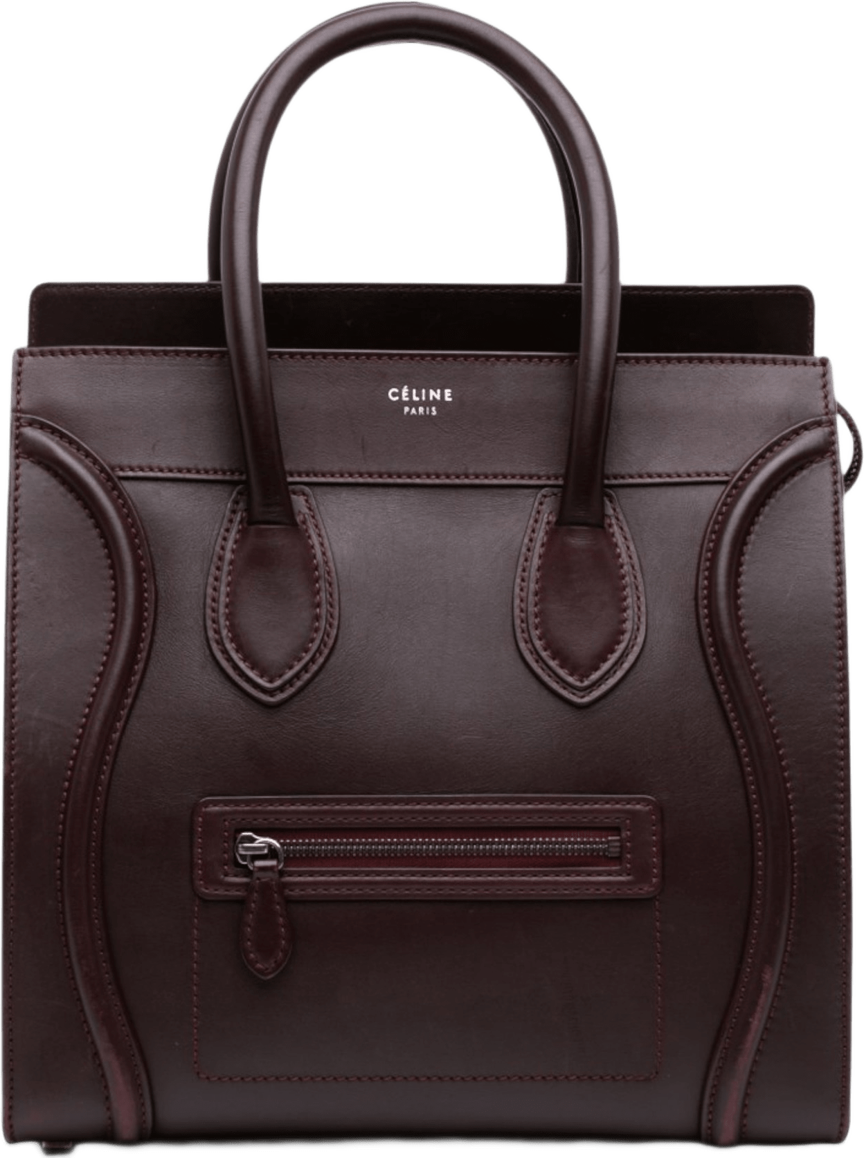 Celine Mini Smooth Calfskin Luggage Tote, från Luxclusif, i färgen burgundy.