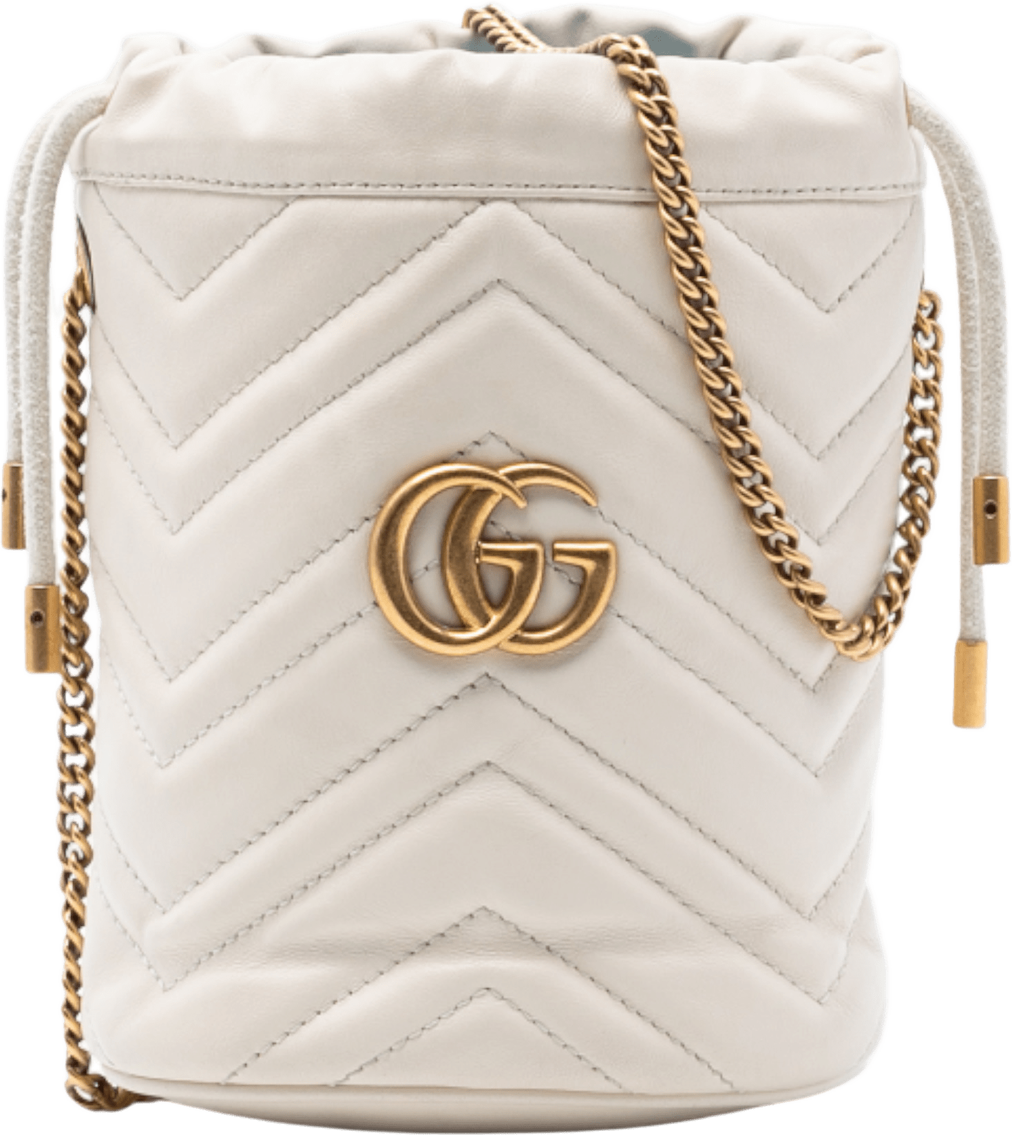 Gucci Small Gg Marmont Leather Matelasse Bucket Bag, från Luxclusif, i färgen white.