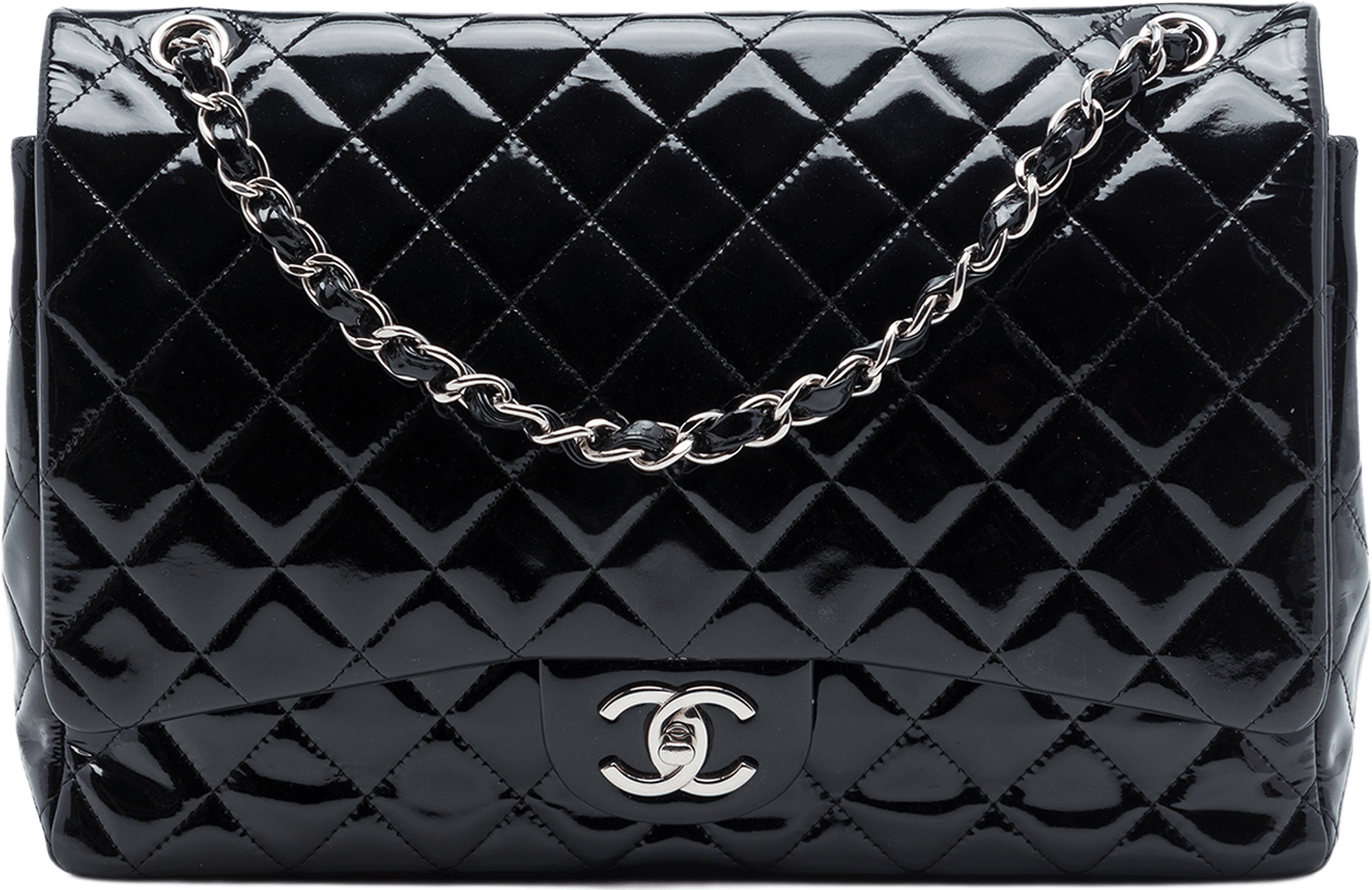 Chanel Maxi Classic Patent Double Flap, från Luxclusif, i färgen svart.