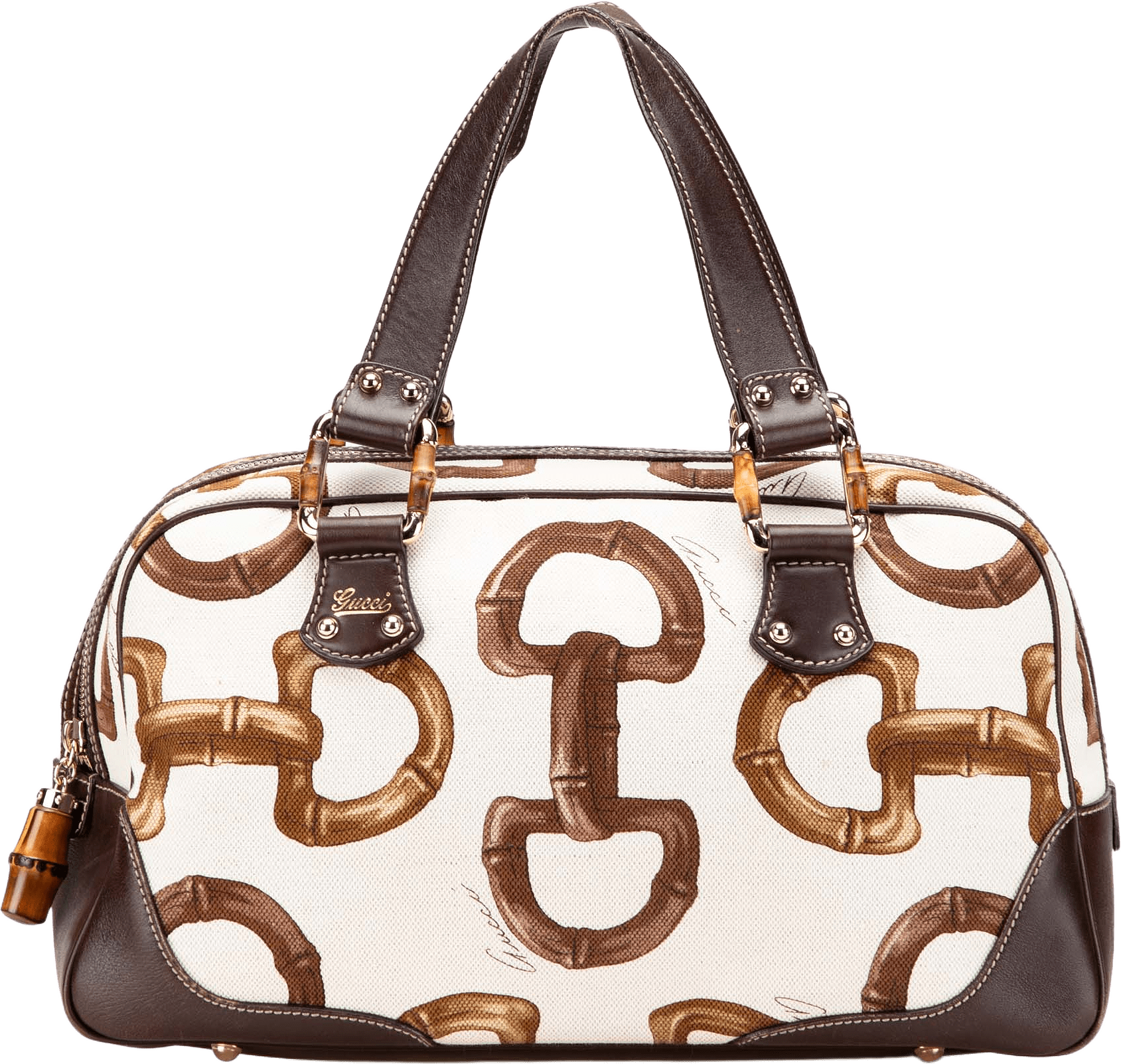 Gucci Printed Canvas Bamboo Horsebit Handbag, från Luxclusif, i färgen white.