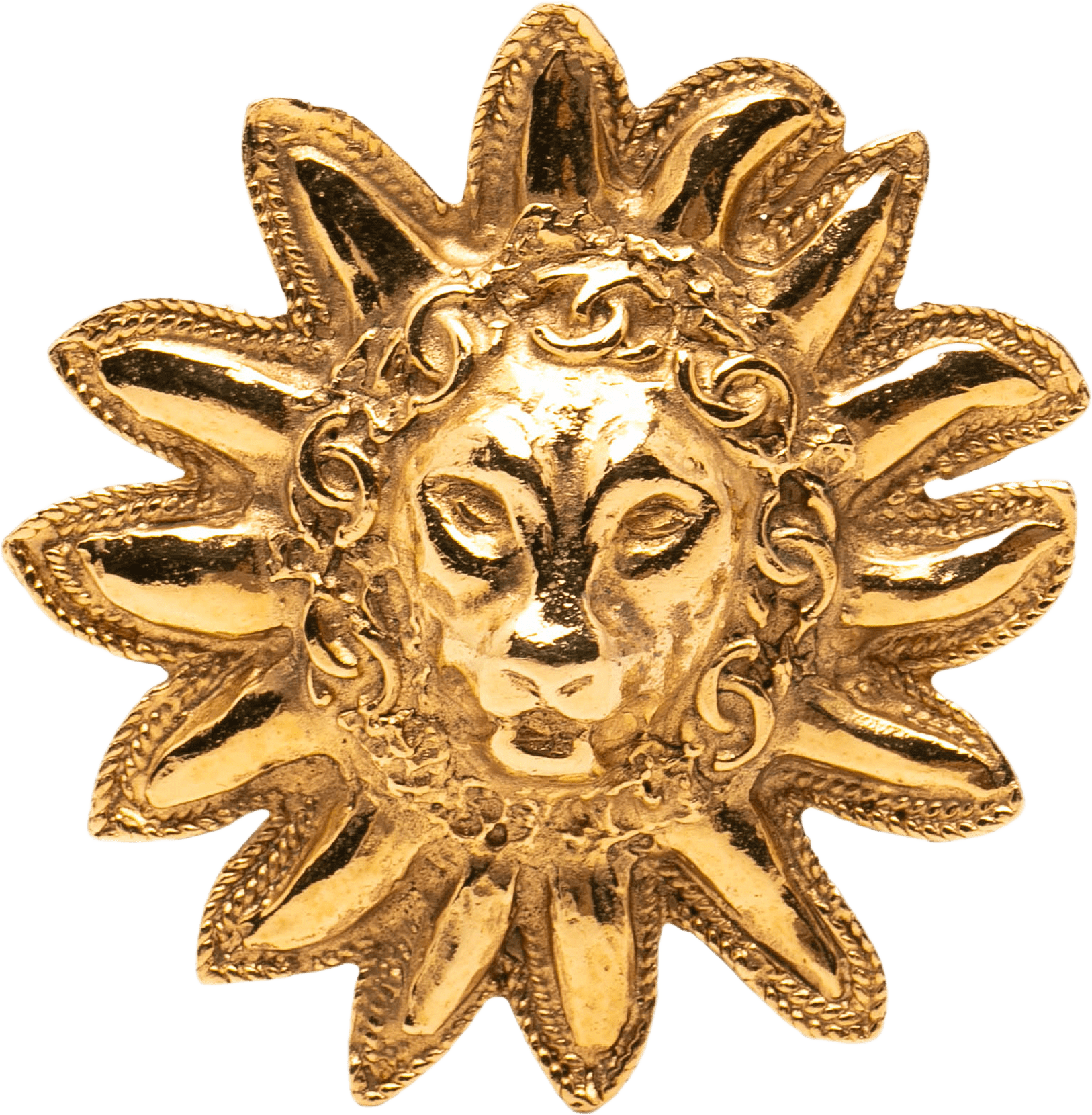 Chanel Gold Plated Lion Head Sun Brooch, från Luxclusif, i färgen gold.