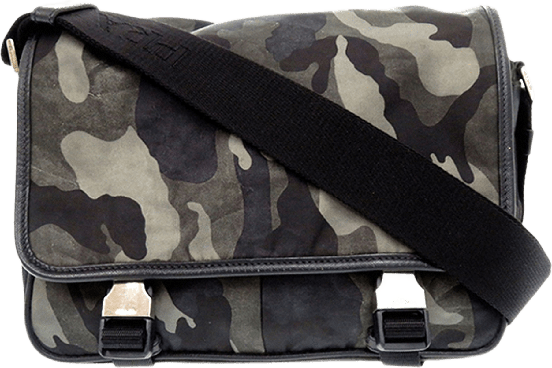 Prada Saffiano Trimmed Tessuto Camouflage Double Buckle Messenger Bag, från Luxclusif, i färgen dark khaki.