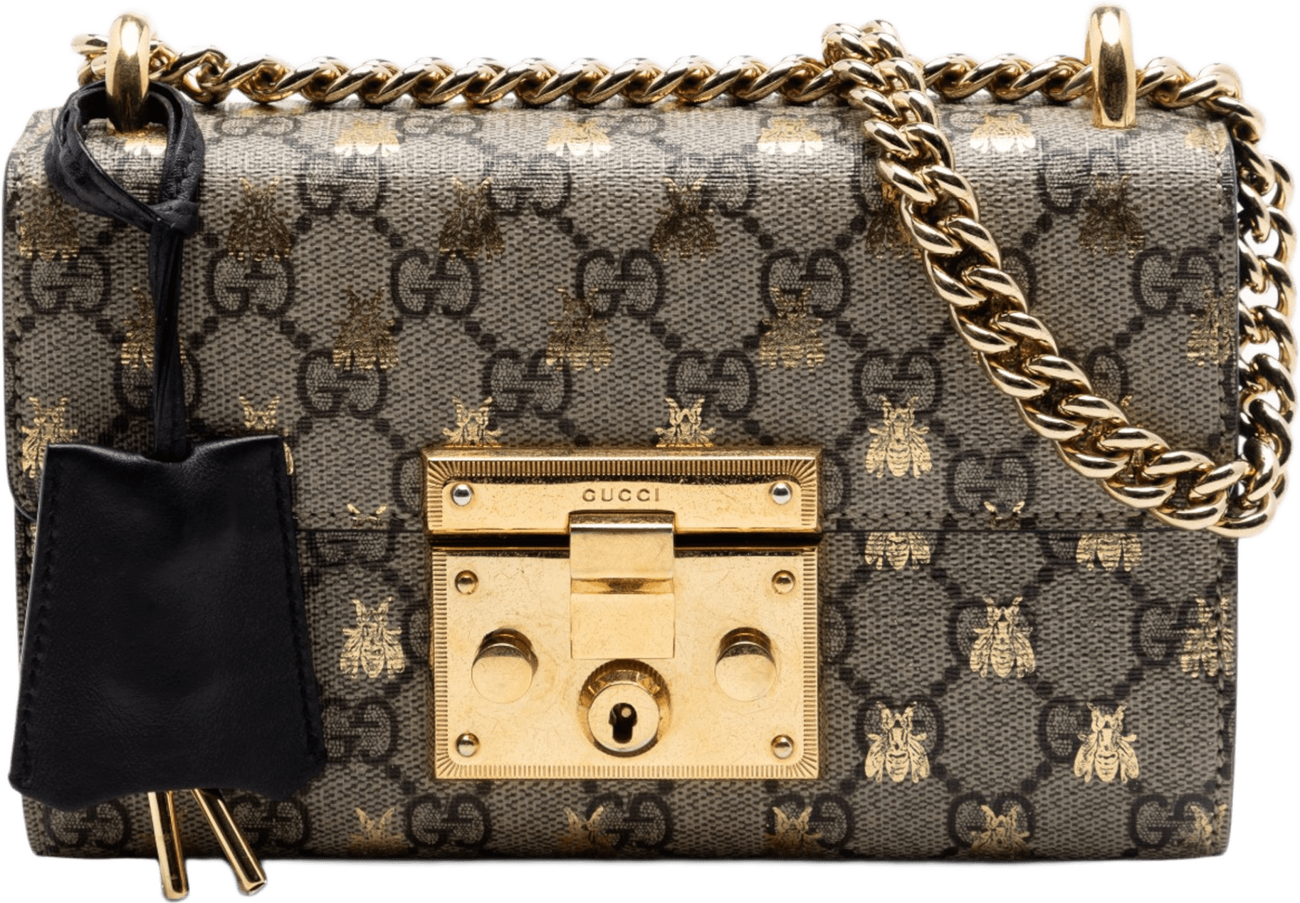 Gucci Small Gg Supreme Bee Padlock Crossbody, från Luxclusif, i färgen svart.
