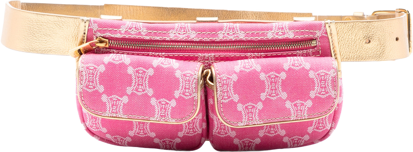 Celine Macadam Denim Double Pocket Belt Bag, från Luxclusif, i färgen pink.
