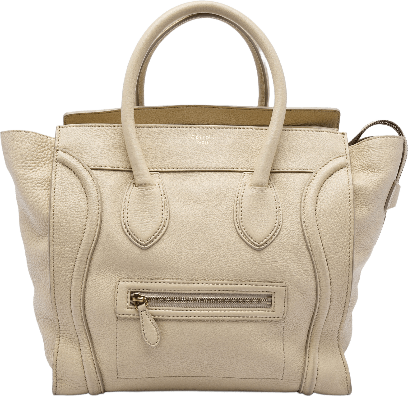 Celine Mini Drummed Calfskin Luggage Tote, från Luxclusif, i färgen beige.