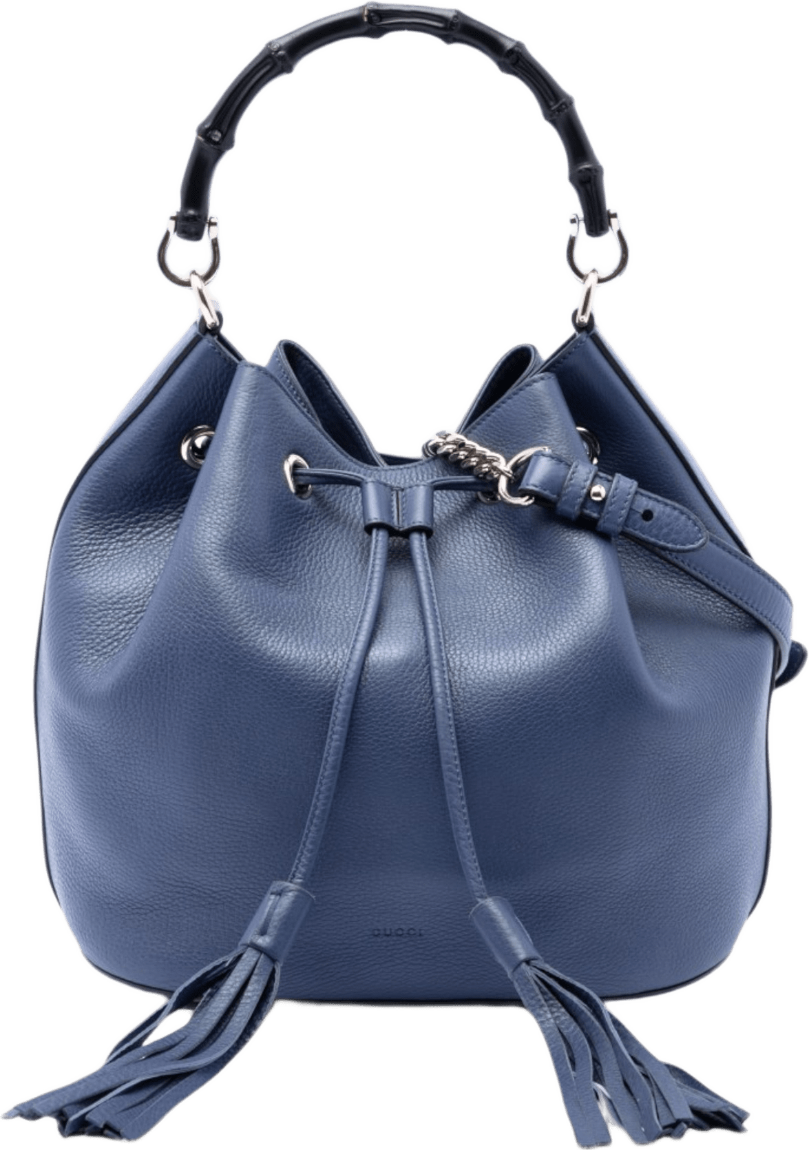 Gucci Pebbled Calfskin Miss Bamboo Tassel Bucket Bag, från Luxclusif, i färgen blue.