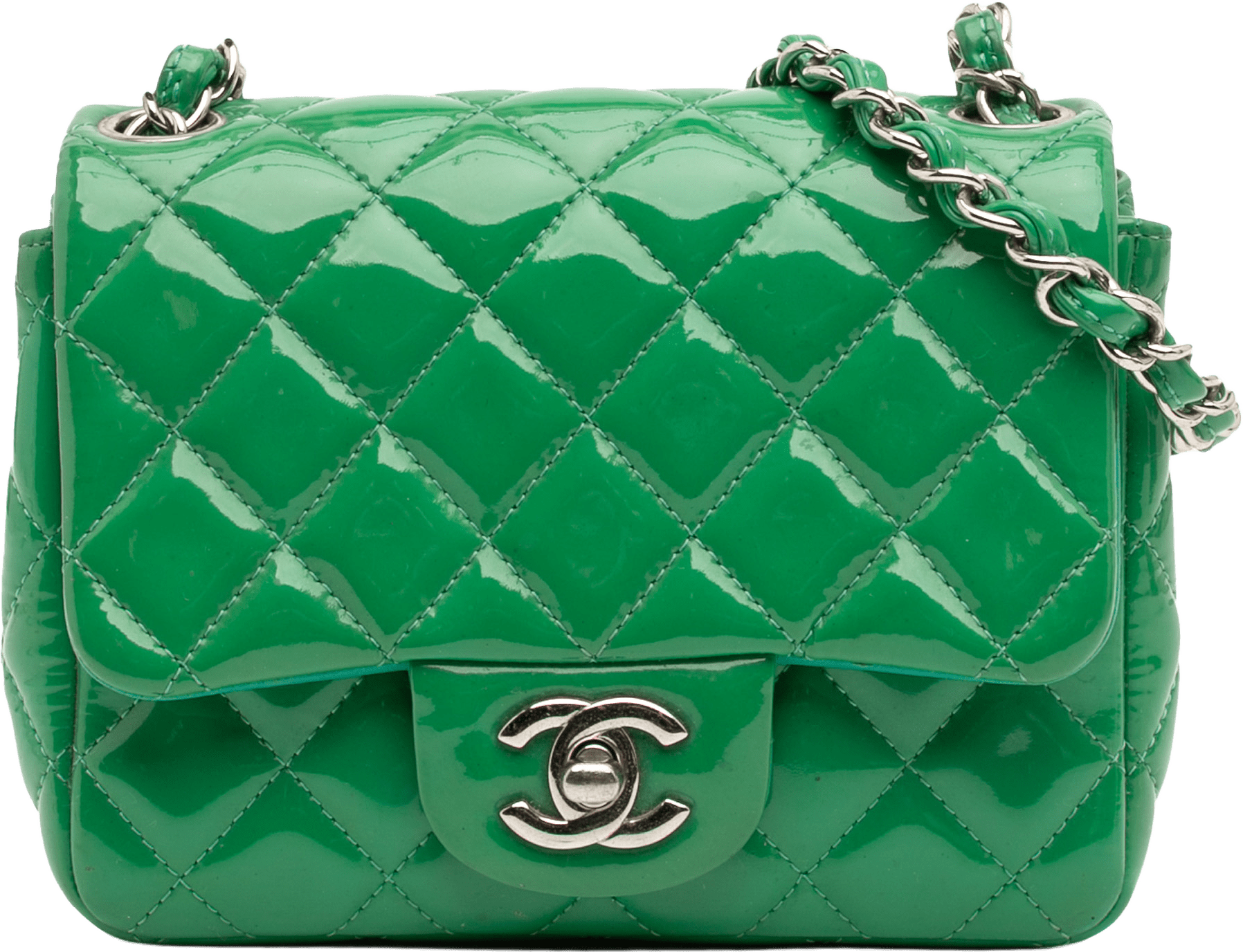 Chanel Mini Square Classic Patent Single Flap, från Luxclusif, i färgen green.