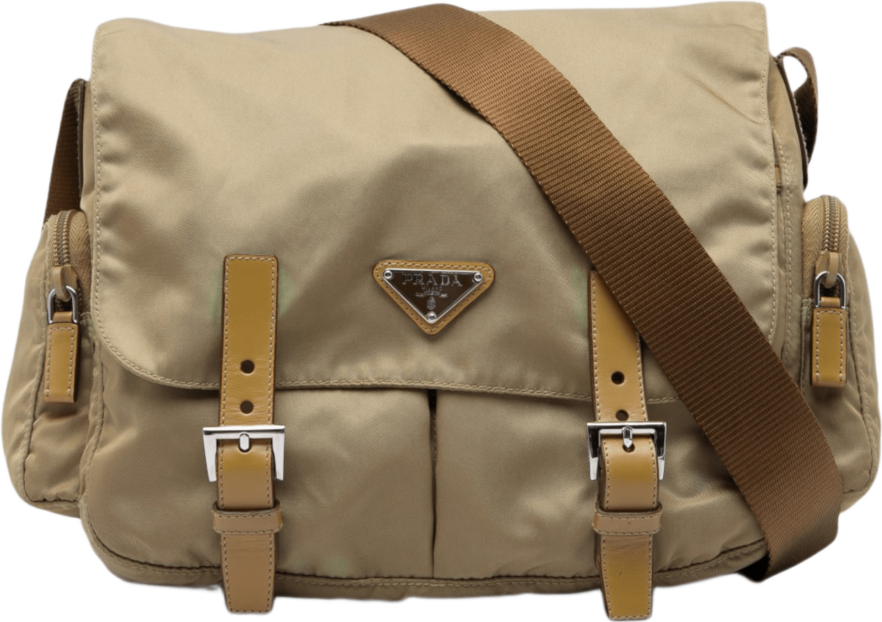 Prada Tessuto Double Buckle Messenger Bag, från Luxclusif, i färgen beige.
