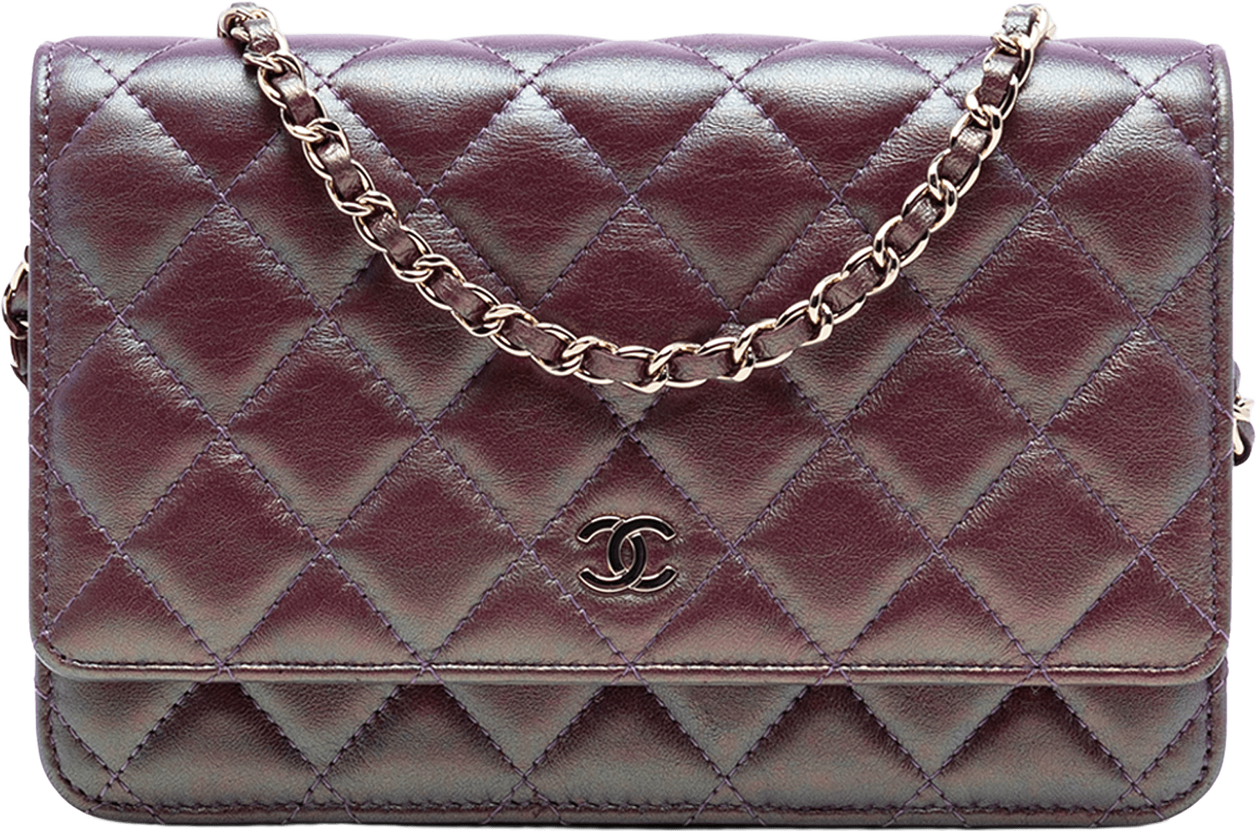 Chanel Cc Quilted Iridescent Lambskin Wallet On Chain, från Luxclusif, i färgen violet.