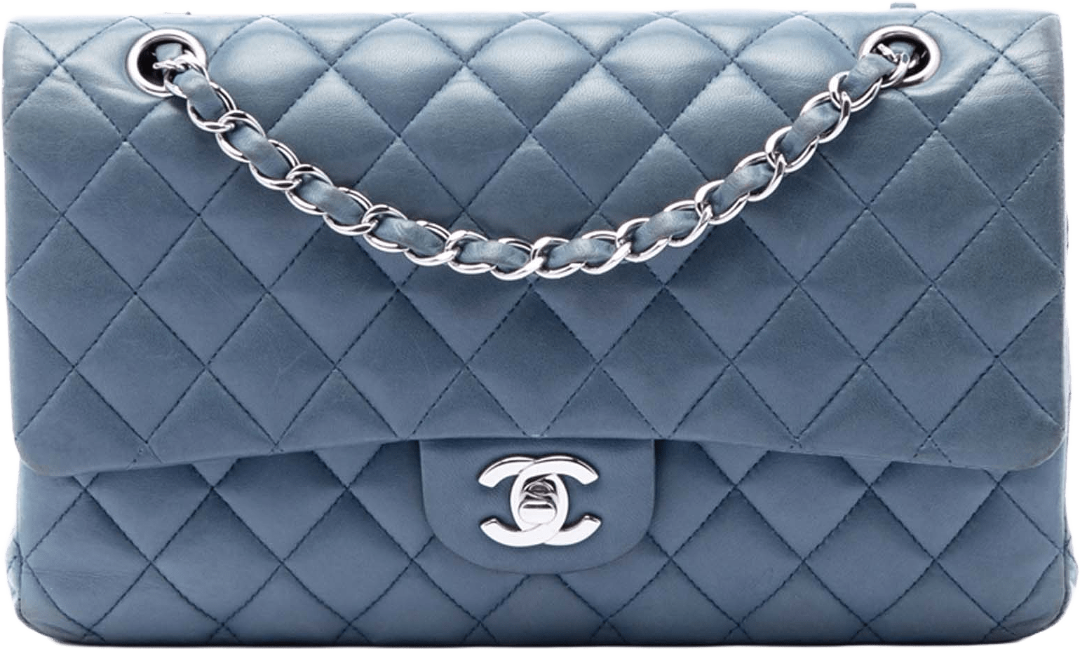 Chanel Medium Classic Lambskin Double Flap, från Luxclusif, i färgen denim.