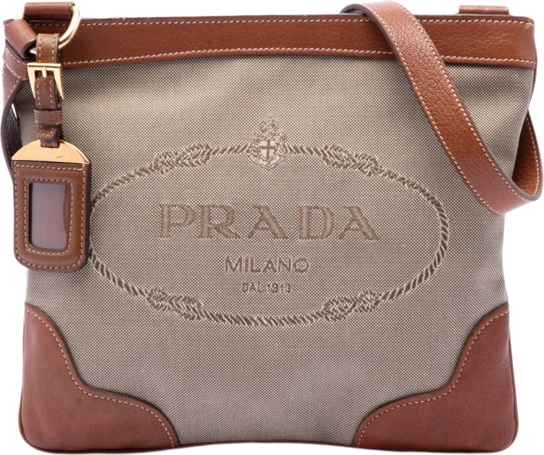 Prada Canvas Canapa Logo Crossbody, från Luxclusif, i färgen beige.