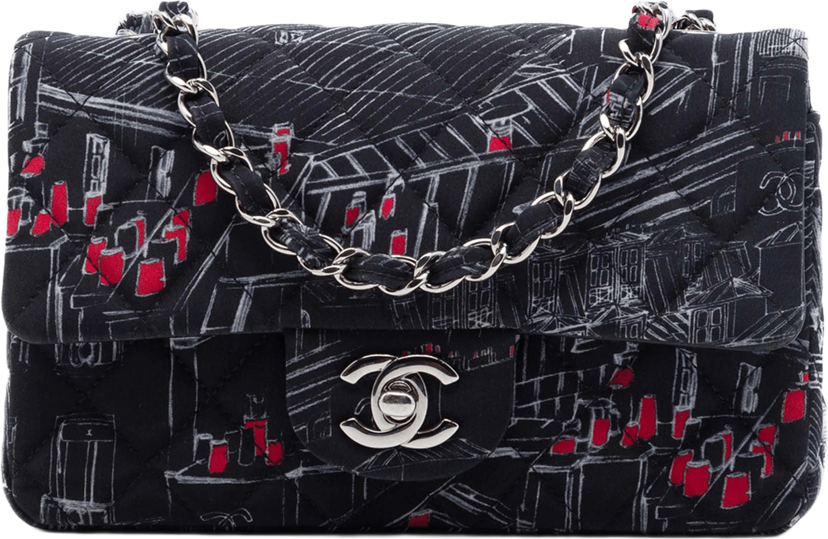 Chanel Mini Classic Canvas Parisian Rooftop Single Flap, från Luxclusif, i färgen svart.
