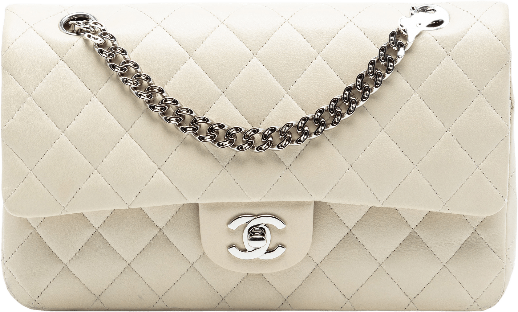 Chanel Medium Classic Lambskin Bijoux Chain Double Flap, från Luxclusif, i färgen ivory.