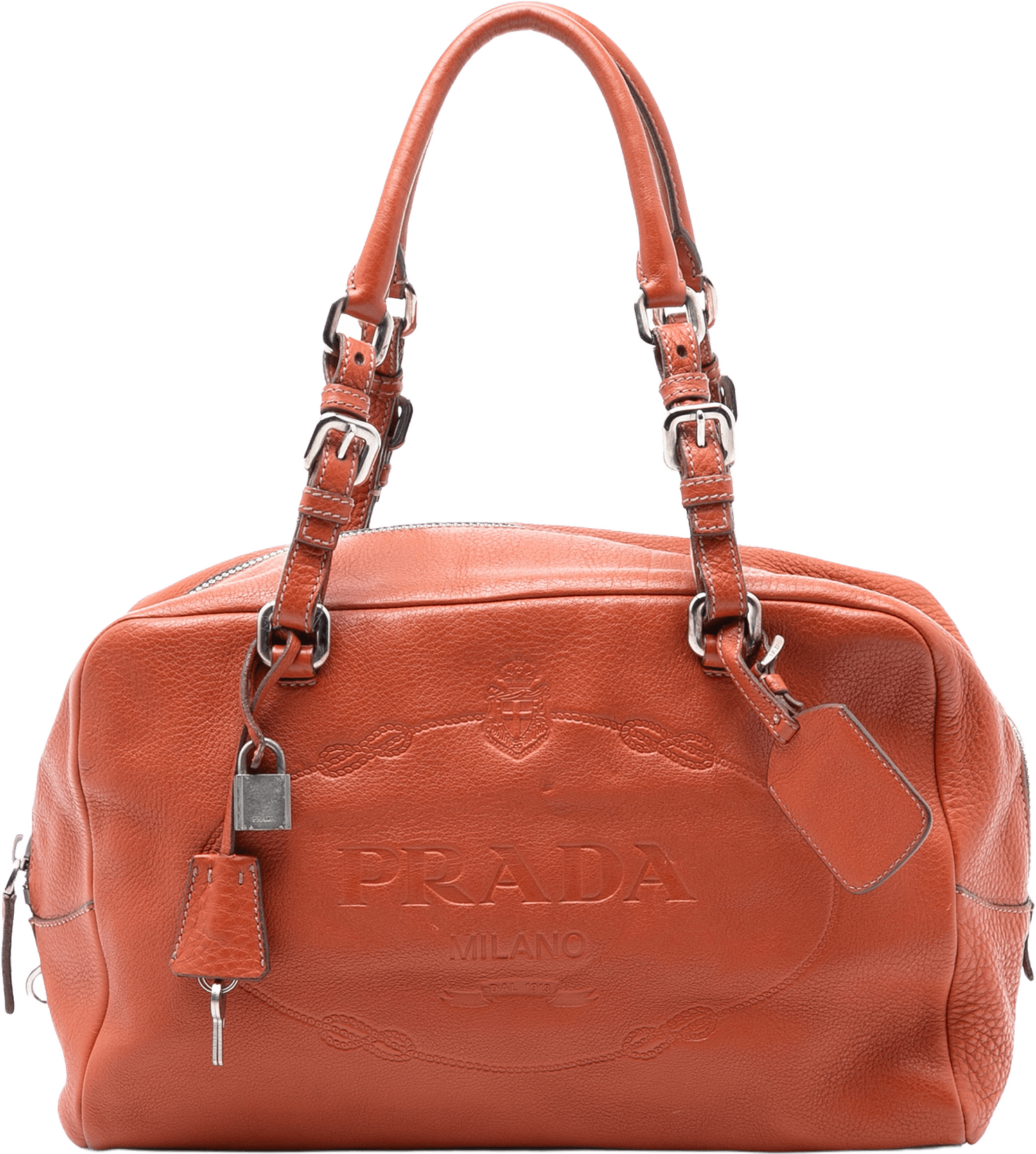 Prada Vitello Daino Embossed Logo Bauletto, från Luxclusif, i färgen brick.