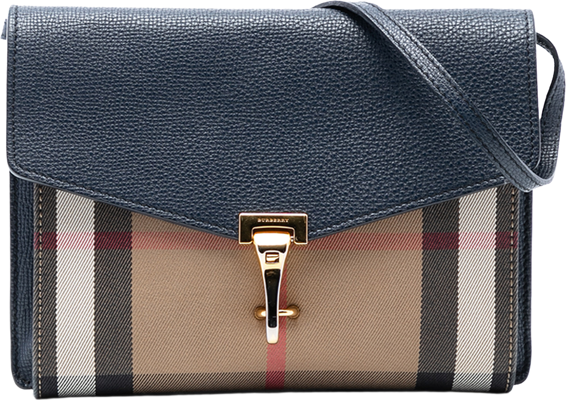 Burberry Small Leather And House Check Canvas Derby Macken Crossbody, från Luxclusif, i färgen navy.