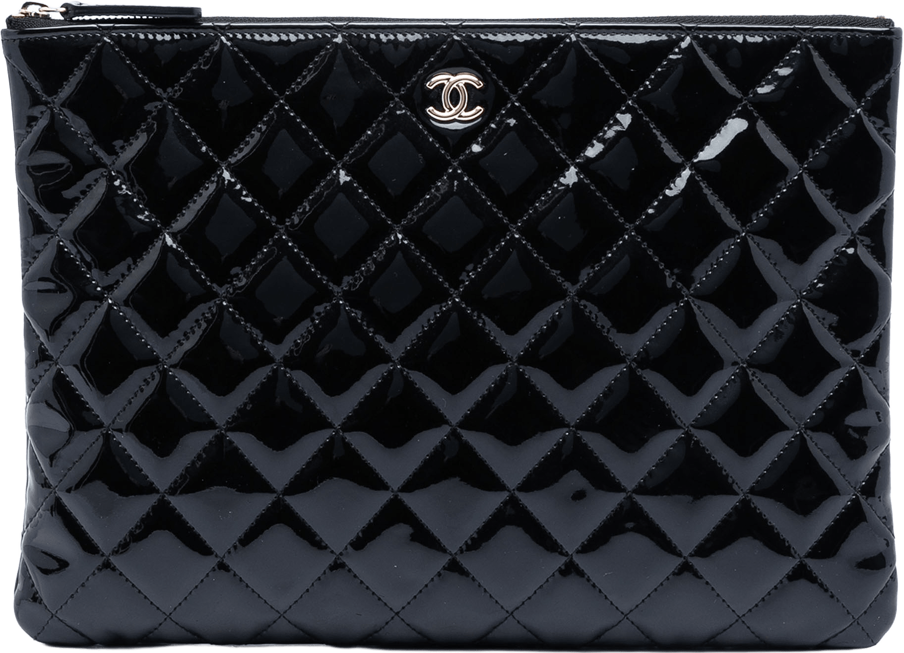 Chanel Medium Quilted Patent O Case Clutch, från Luxclusif, i färgen black.