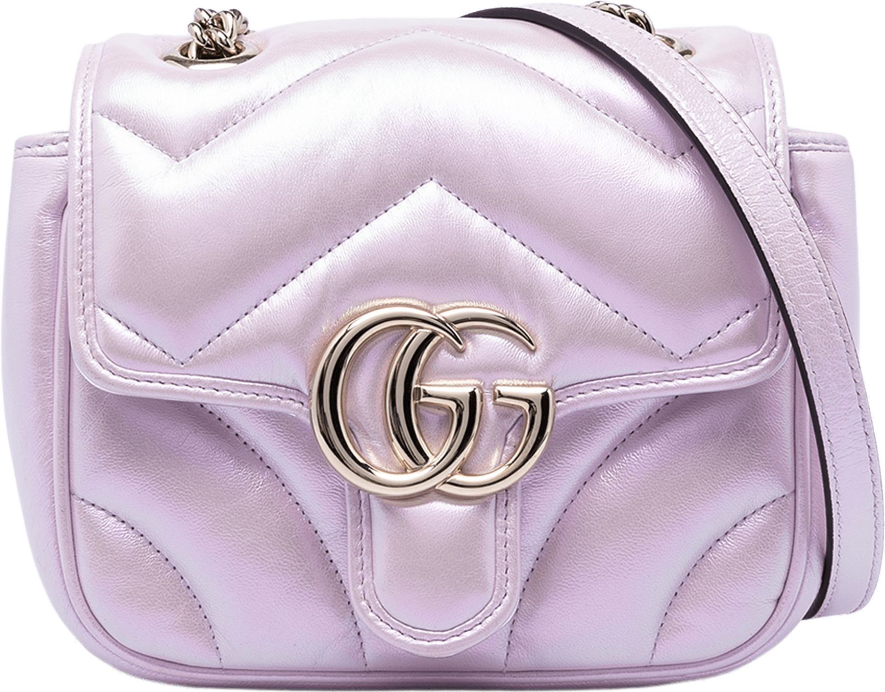 Gucci Mini Gg Marmont Matelasse Iridescent Calfskin Flap Crossbody, från Luxclusif, i färgen light purple.