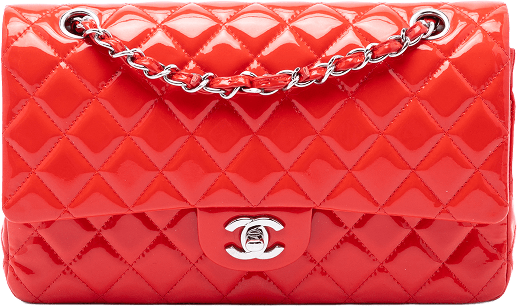 Chanel Medium Classic Patent Double Flap, från Luxclusif, i färgen röd.