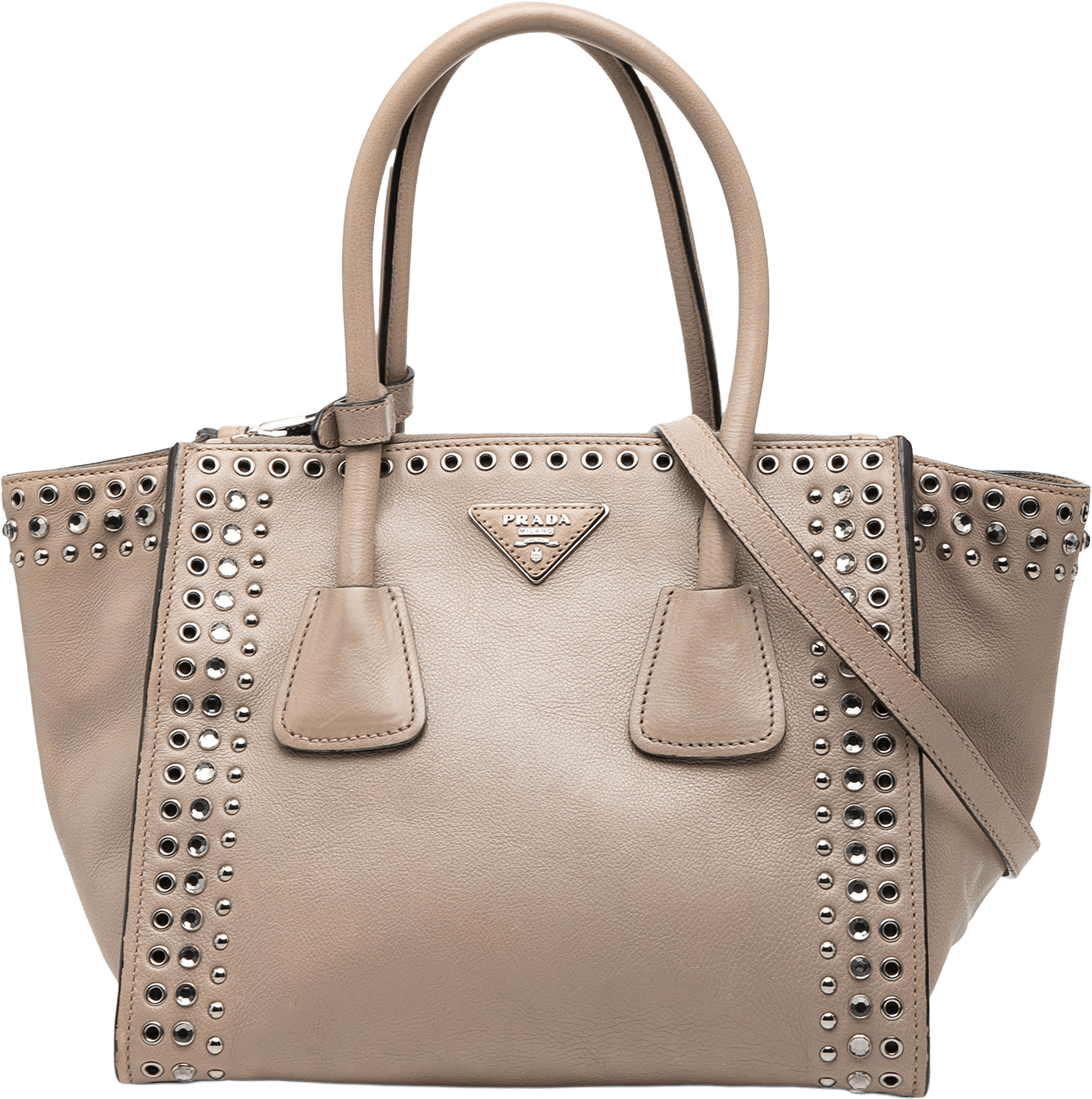Prada Glace Calf Studded Twin Pocket Satchel, från Luxclusif, i färgen beige.