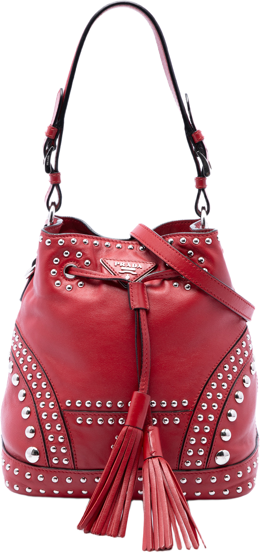 Prada Small Soft Calf Studded Bucket Bag, från Luxclusif, i färgen röd.