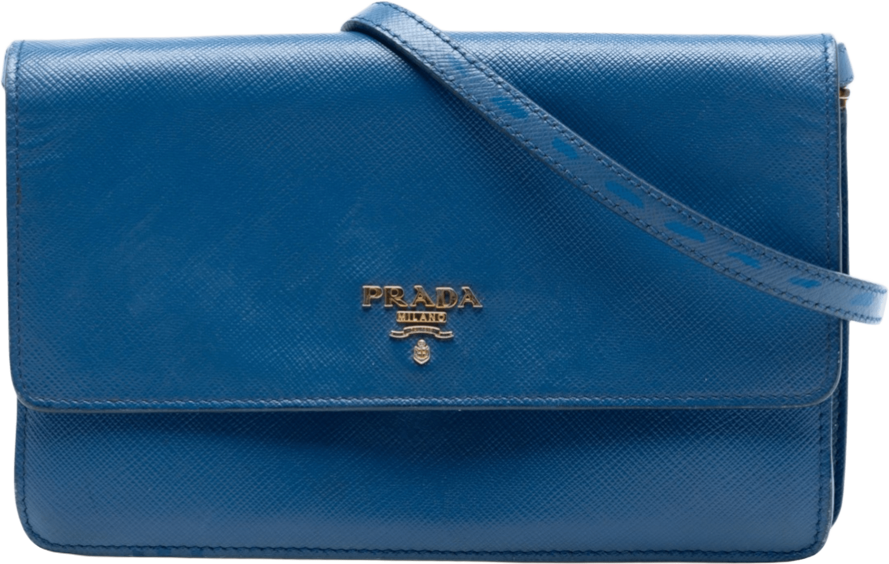 Prada Saffiano Wallet On Strap, från Luxclusif, i färgen blue.