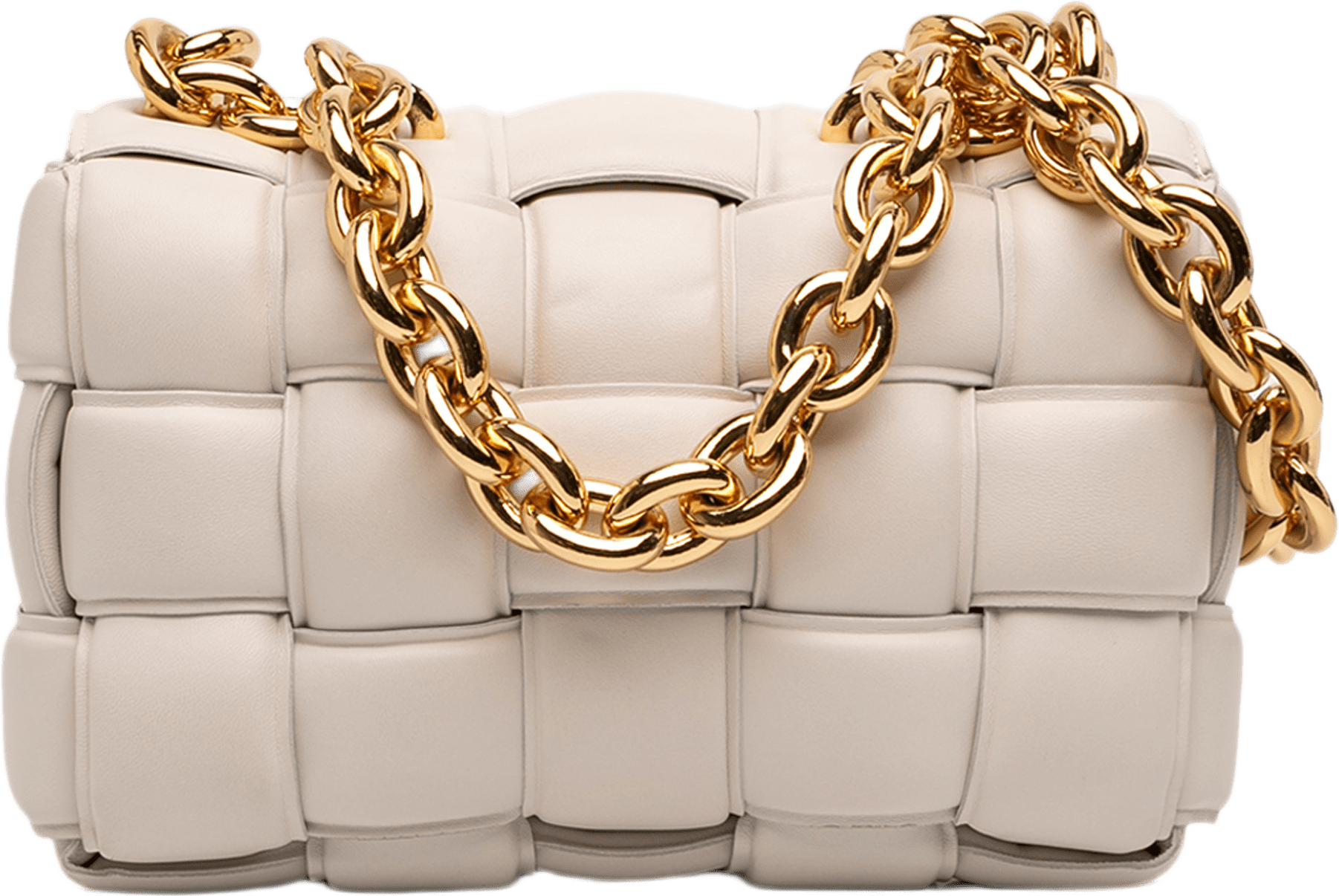 Bottega Veneta Nappa Intrecciato Padded Chain Cassette Satchel, från Luxclusif, i färgen vit.