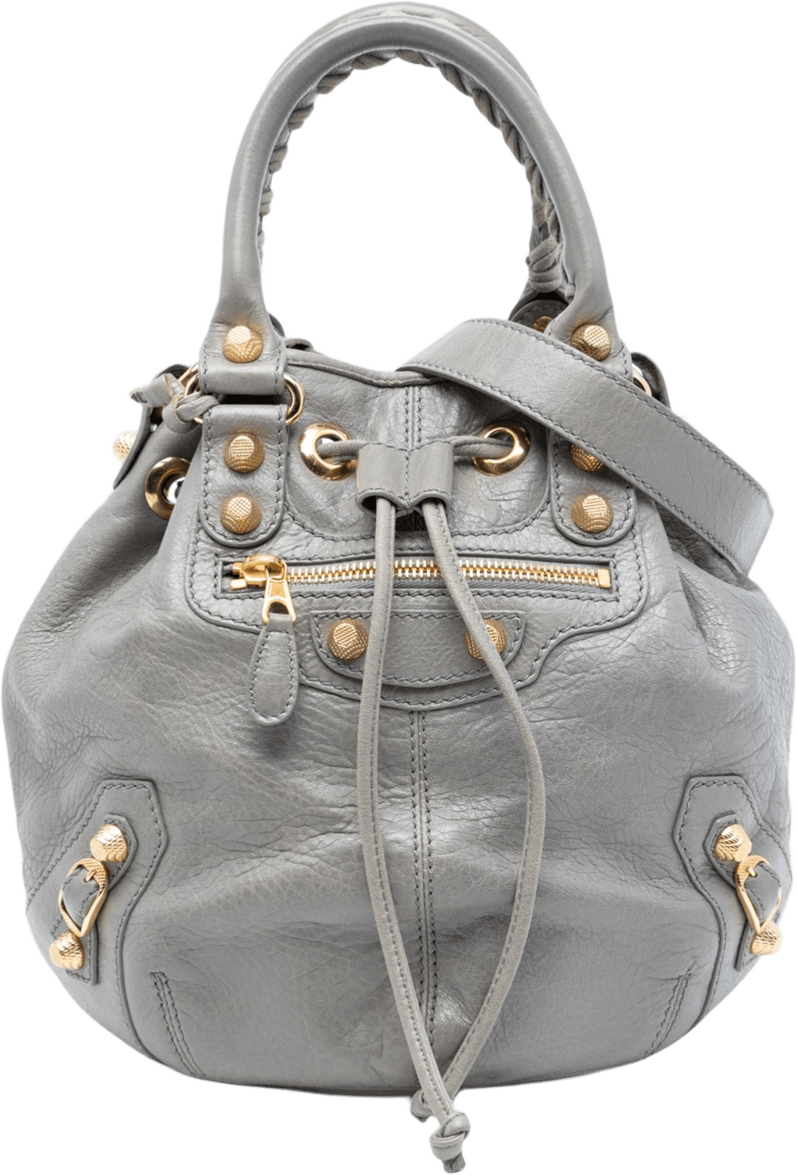 Balenciaga Lambskin Motocross Giant 21 Pompon Bucket Bag, från Luxclusif, i färgen gray.