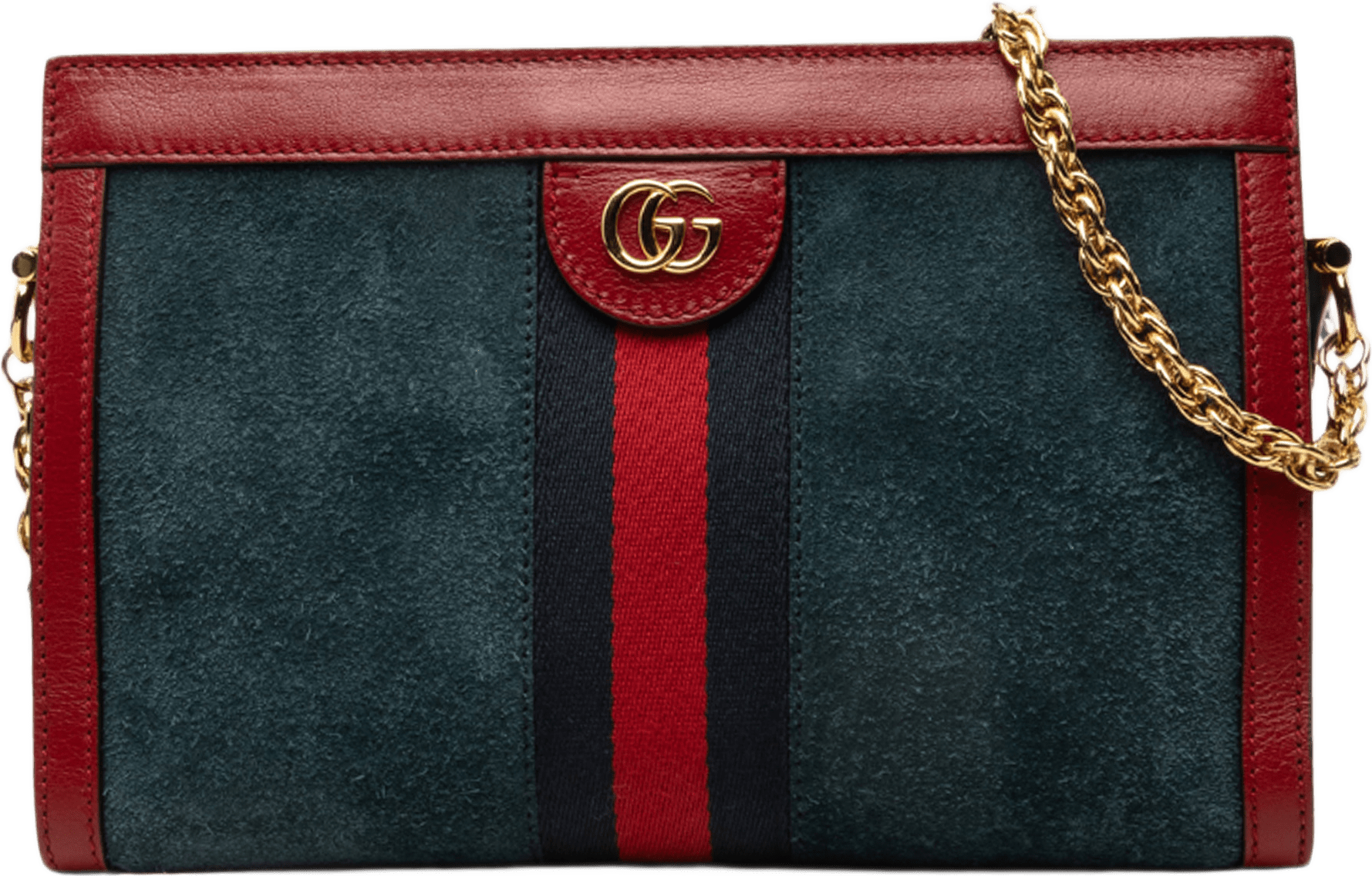 Gucci Small Suede Web Ophidia Chain Crossbody, från Luxclusif, i färgen blå.