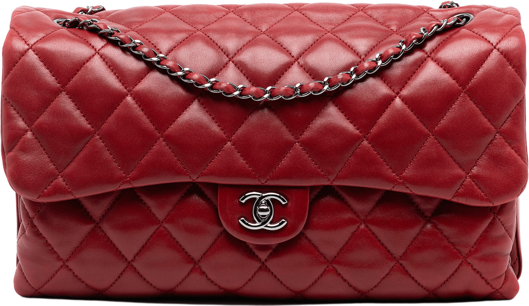 Chanel Maxi Quilted Lambskin 3 Accordion Flap, från Luxclusif, i färgen red.