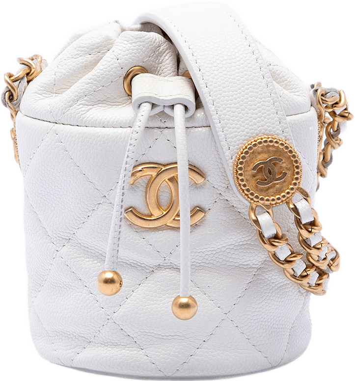 Chanel Mini Quilted Caviar Twist Your Buttons Drawstring Bucket Bag, från Luxclusif, i färgen white.