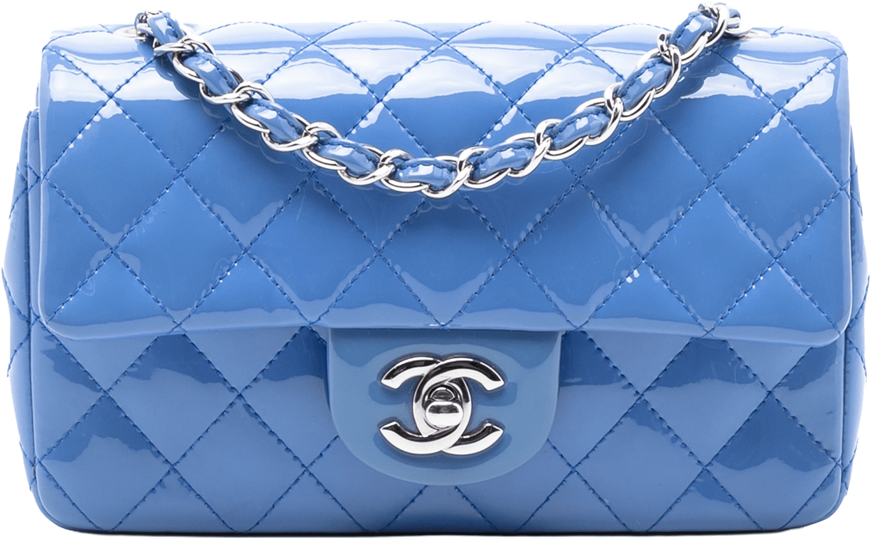 Chanel Mini Rectangular Classic Patent Single Flap, från Luxclusif, i färgen blue.