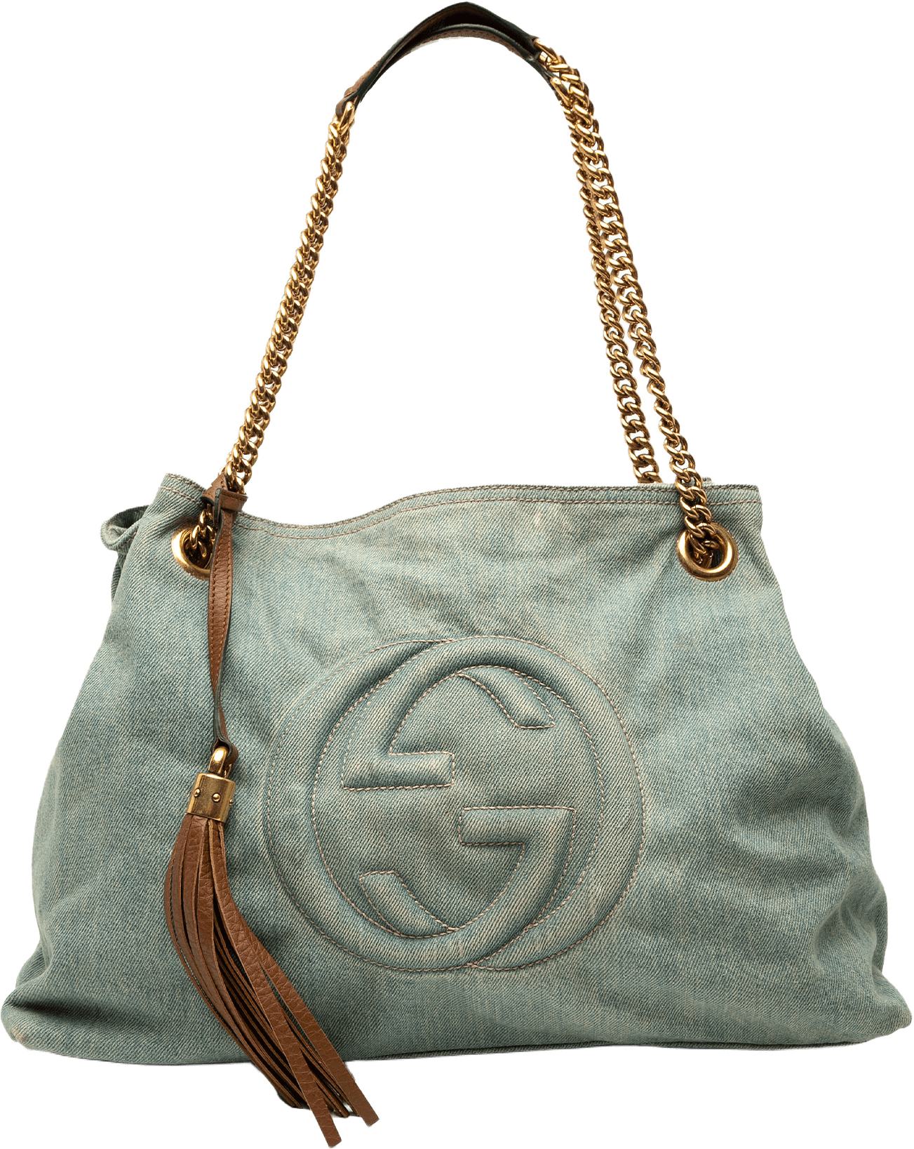 Gucci Medium Denim Soho Chain Tote, från Luxclusif, i färgen denim.