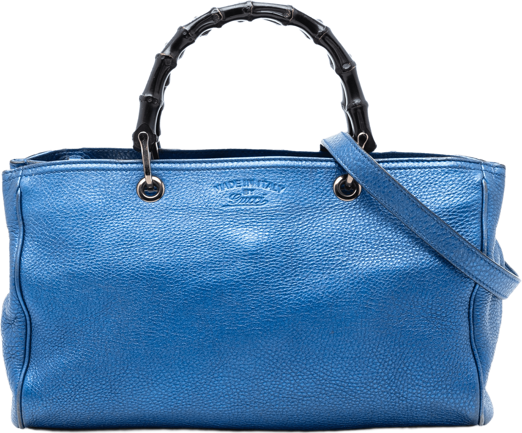 Gucci Medium Metallic Calfskin Bamboo Shopper Satchel, från Luxclusif, i färgen blue.