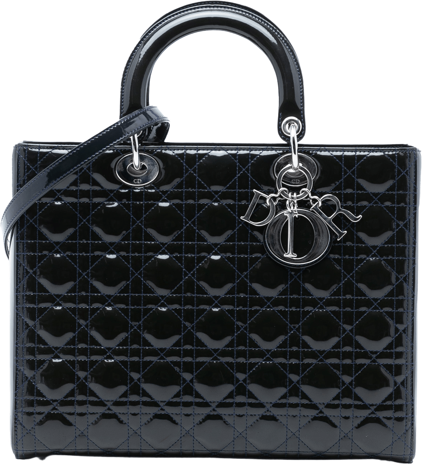 Dior Large Patent Cannage Lady Dior, från Luxclusif, i färgen navy.