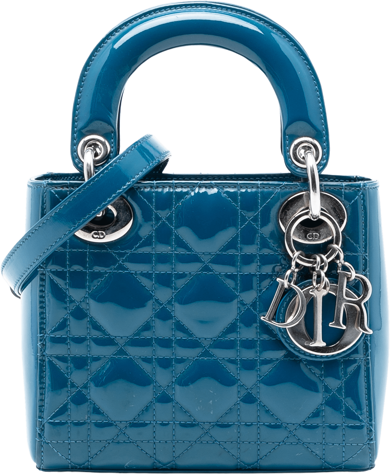 Dior Mini Patent Cannage Lady Dior, från Luxclusif, i färgen blue.