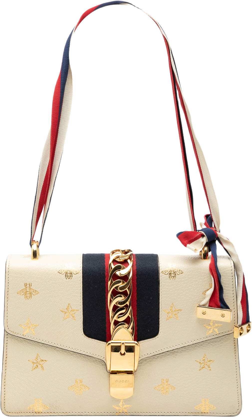 Gucci Small Leather Bee Star Sylvie Satchel, från Luxclusif, i färgen white.