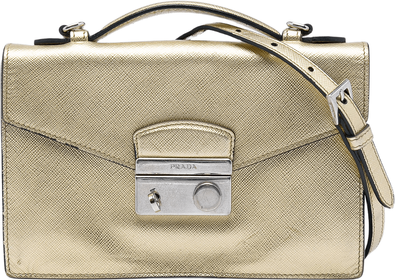 Prada Saffiano Sound Lock Satchel, från Luxclusif, i färgen guld.